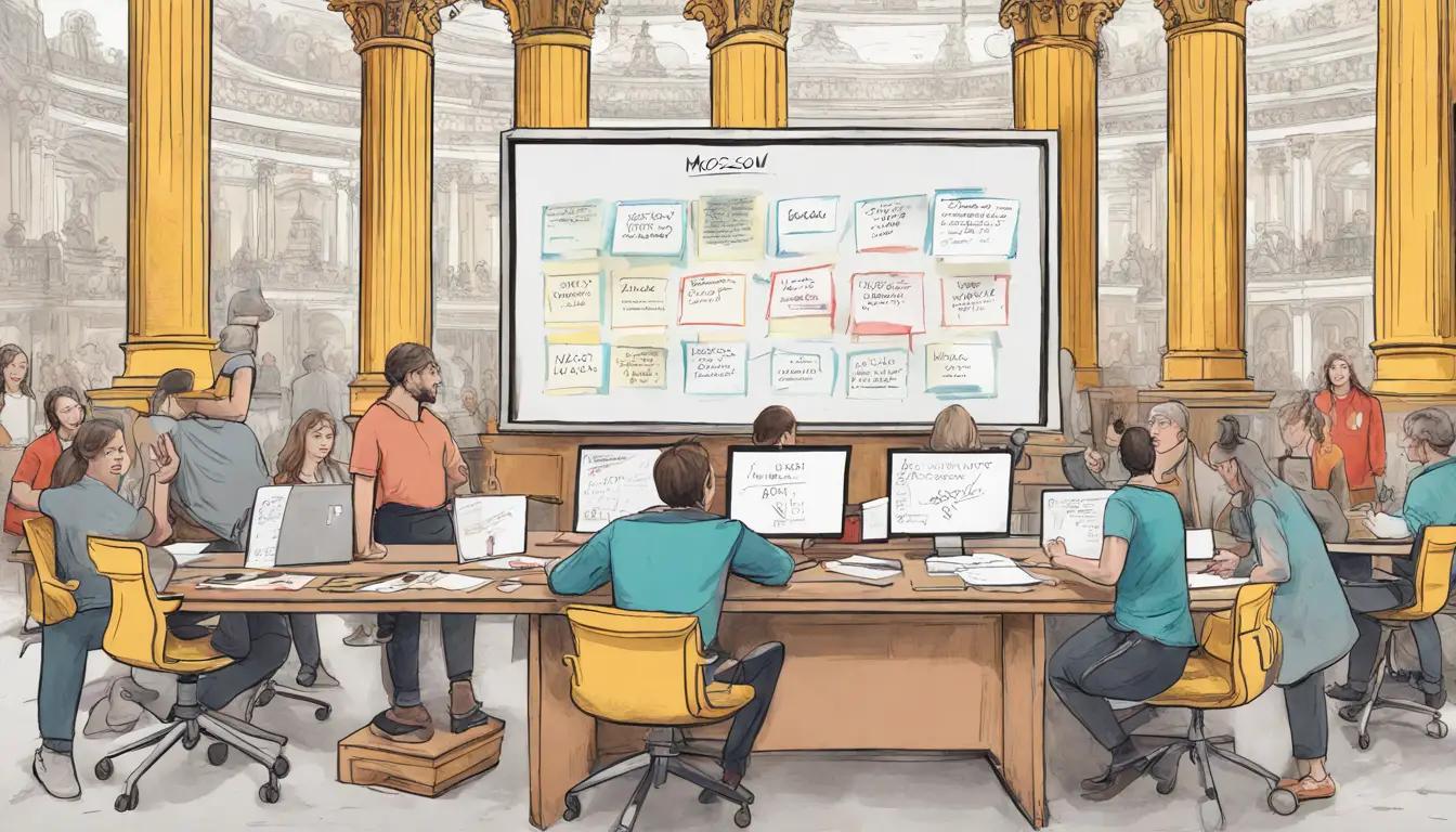 Pessoas discutindo em frente a um quadro branco com colunas rotuladas MoSCoW e notas adesivas coloridas.