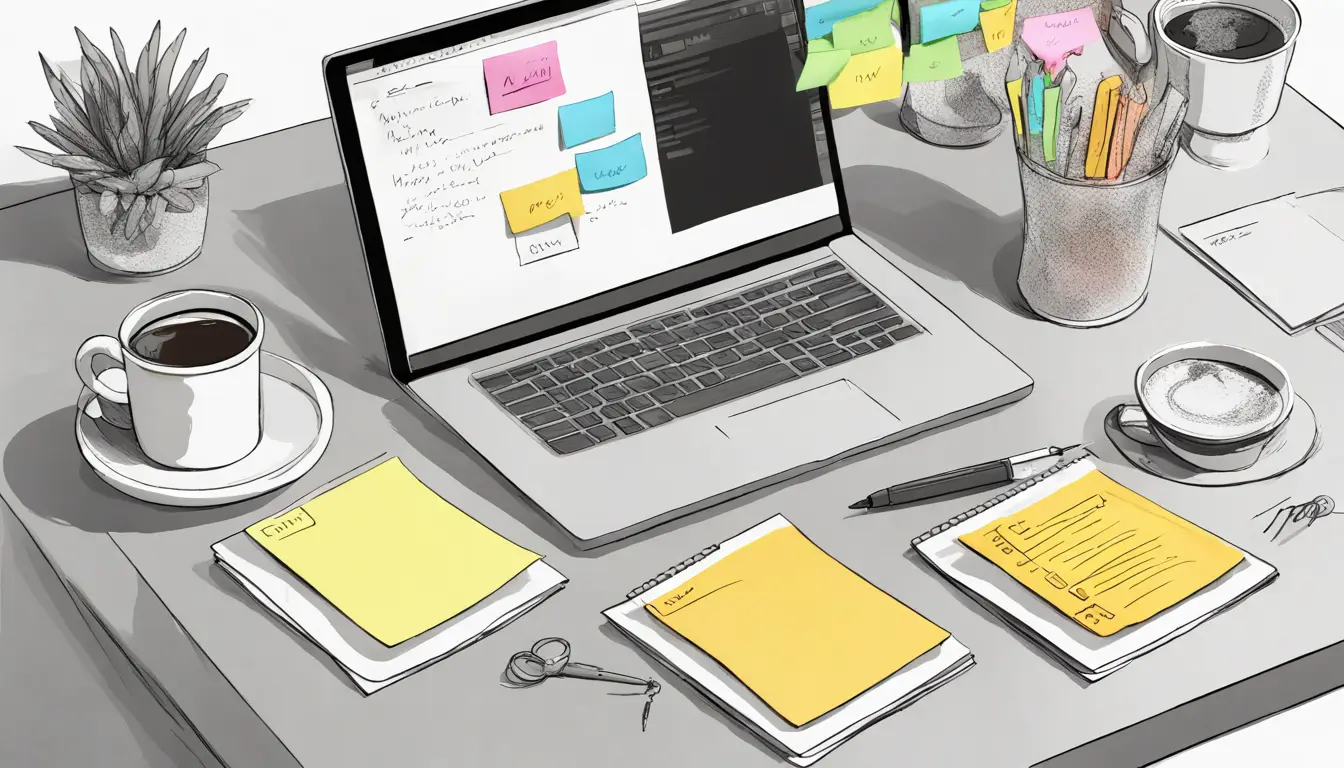 Notas adesivas coloridas em uma mesa organizada, representando prioridade de tarefas com laptop e café.