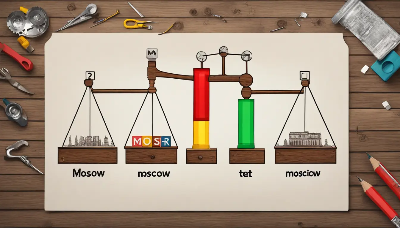 Balança equilibrada com blocos coloridos e engrenagens, representando MoSCoW e outras técnicas.
