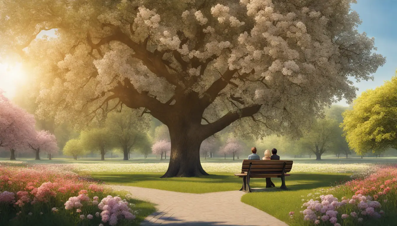 Casal sentado em um banco de madeira em um parque ensolarado, cercado por árvores e flores.