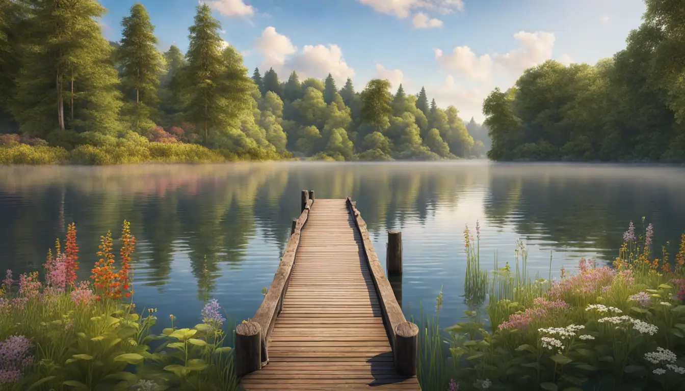 Píer de madeira em um lago tranquilo, cercado por árvores verdes e flores silvestres coloridas sob um céu azul.