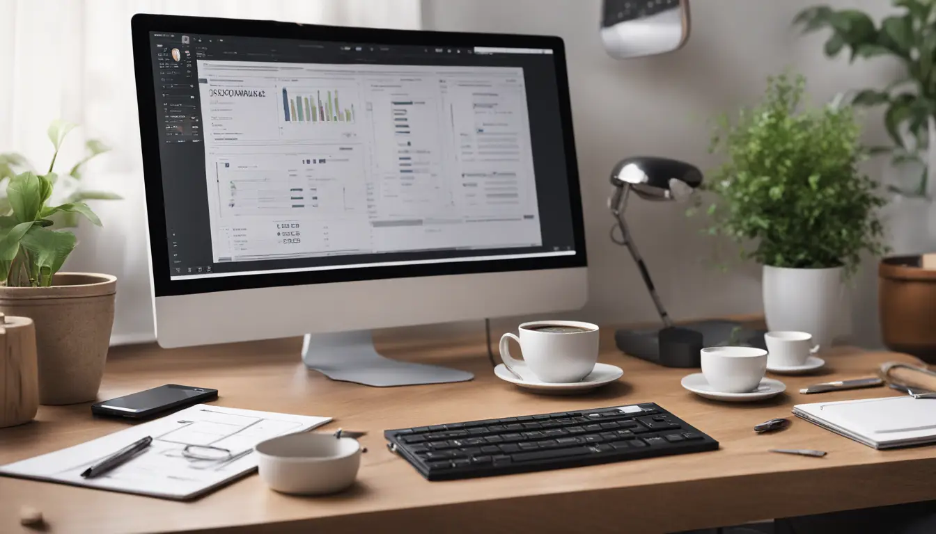Ambiente de trabalho organizado com computador, smartphone, papéis, planta e relógio na parede mostrando 15h.