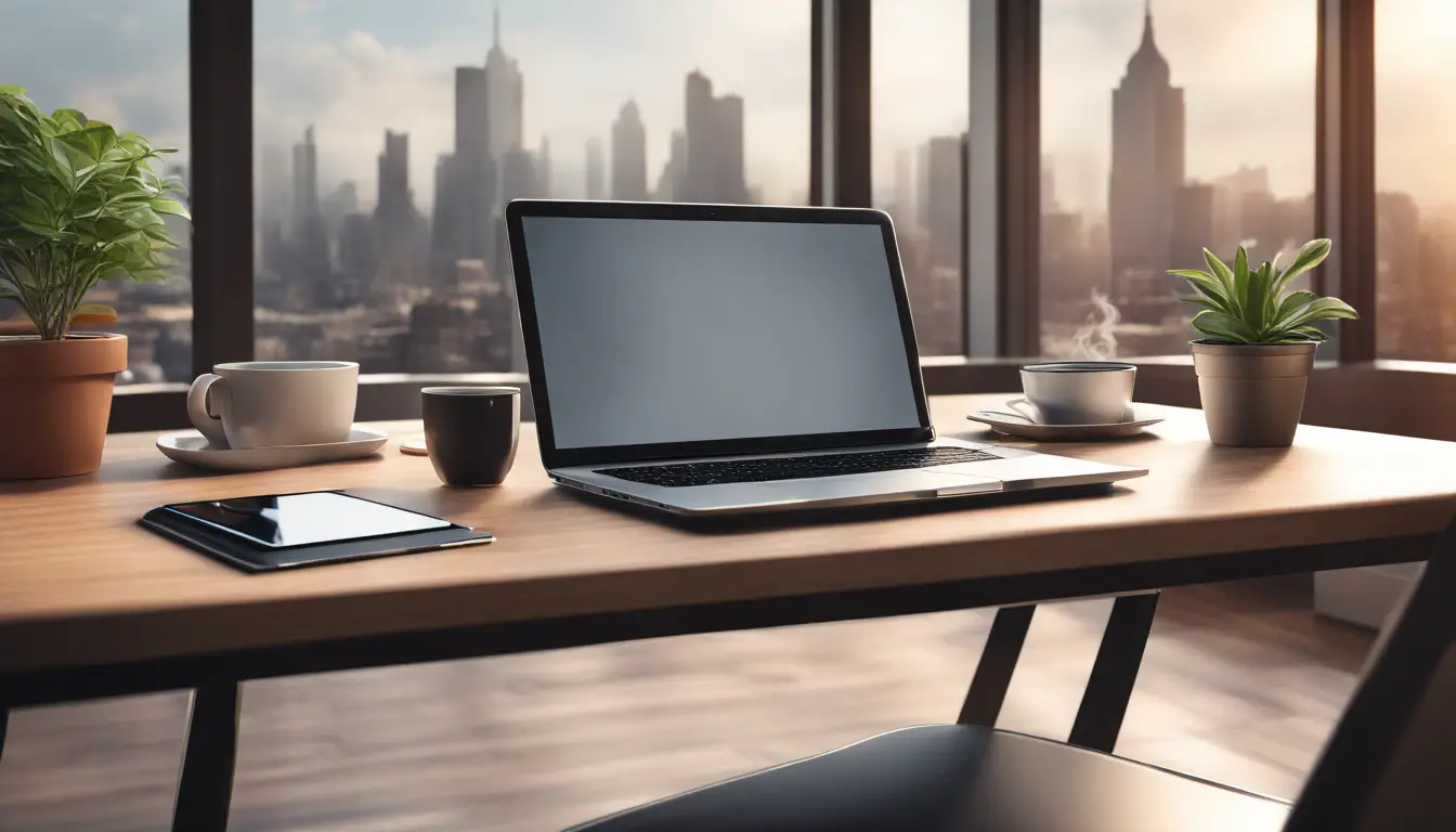 Mesa de escritório com laptop, smartphone, xícara de café e planta, com vista para cidade ao fundo.