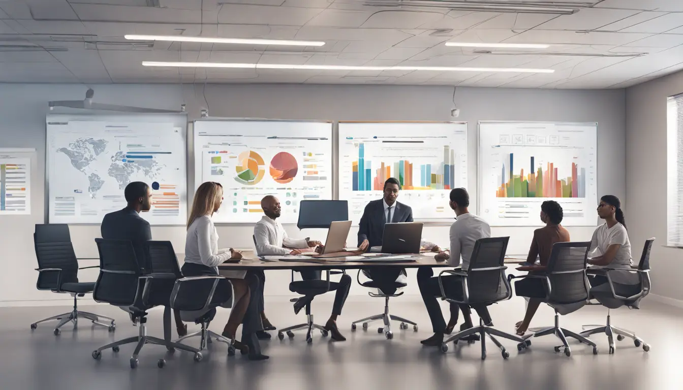 Equipe de cinco pessoas analisando gráficos e documentos coloridos em uma mesa de conferência, com diagrama organizacional na tela ao fundo.