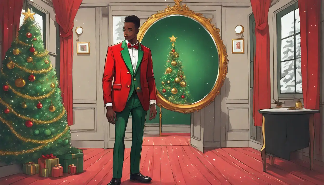 Homem em frente a um espelho vestindo um blazer vermelho festivo, camisa branca e gravata borboleta verde.