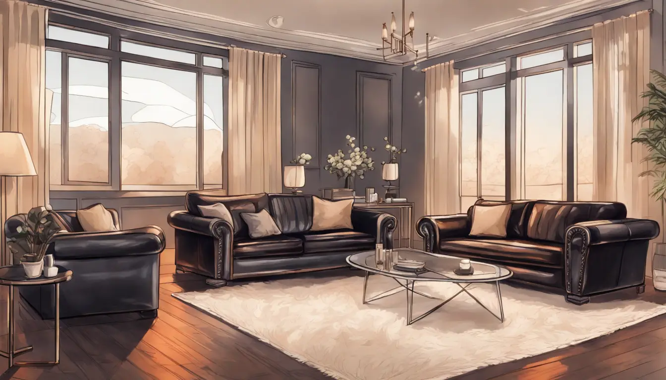 Sala de estar luxuosa com sofá de couro escuro, tapete creme e mesa de vidro diante de uma lareira.