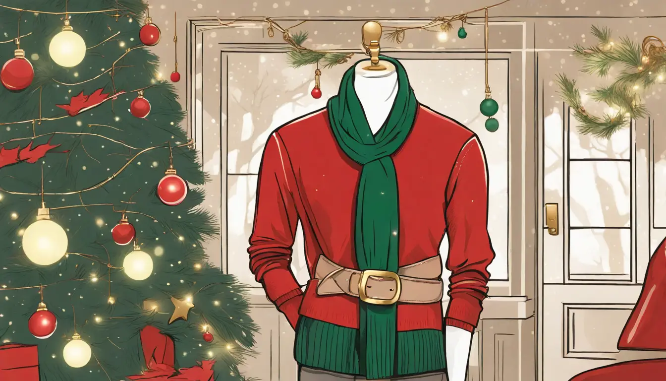 Mannequin vestindo um suéter vermelho, cachecol verde, cinto bege, relógio dourado, sapatos pretos, árvore de Natal ao fundo.
