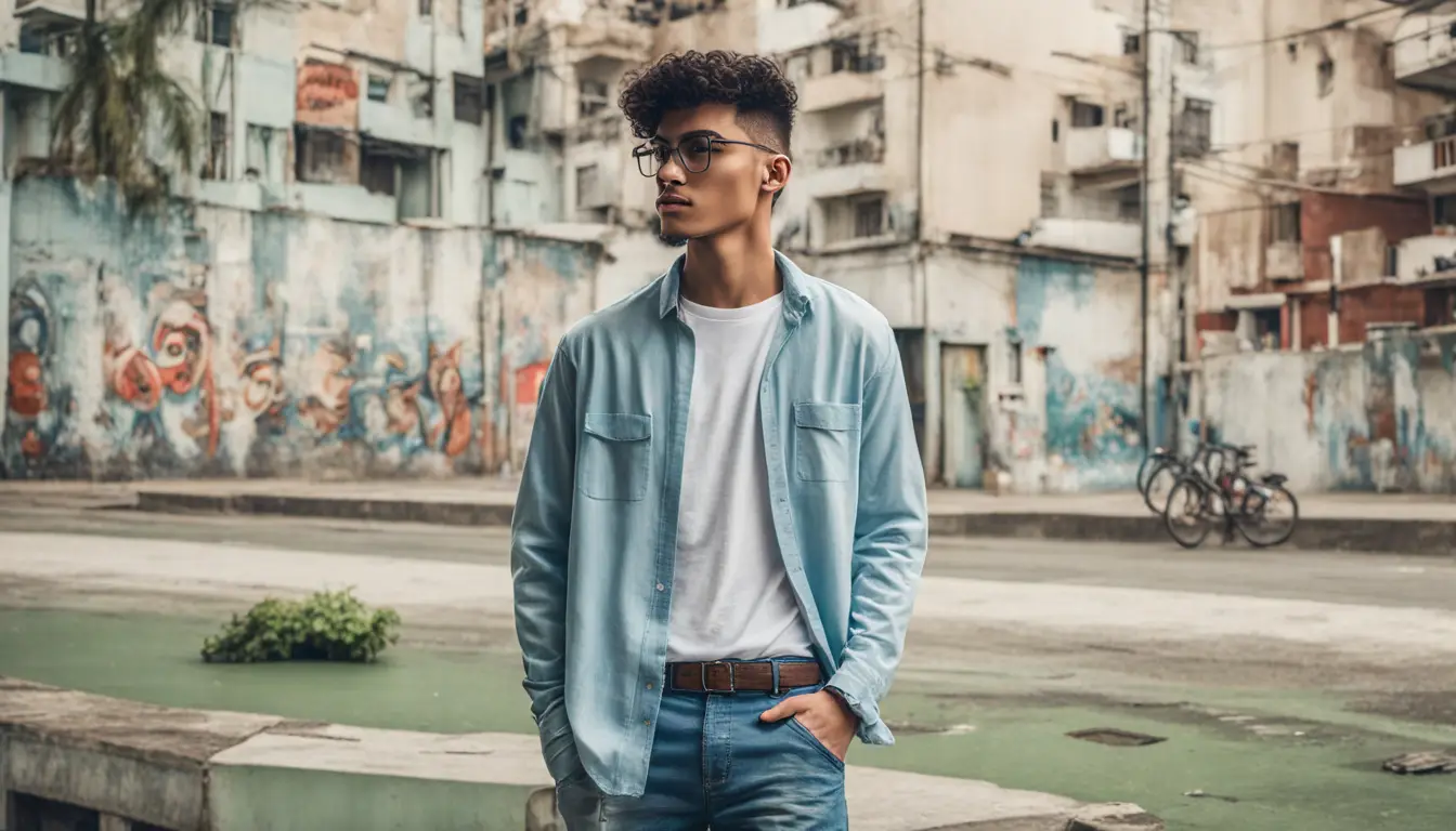 Homem casual de camisa branca e jeans azul-claro em ambiente urbano com prédios e árvores.