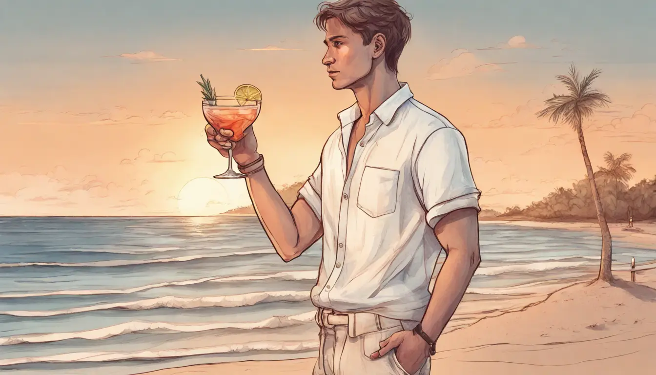 Homem jovem na praia ao pôr do sol, vestindo camisa de linho branca e shorts bege, segurando um copo de coquetel.