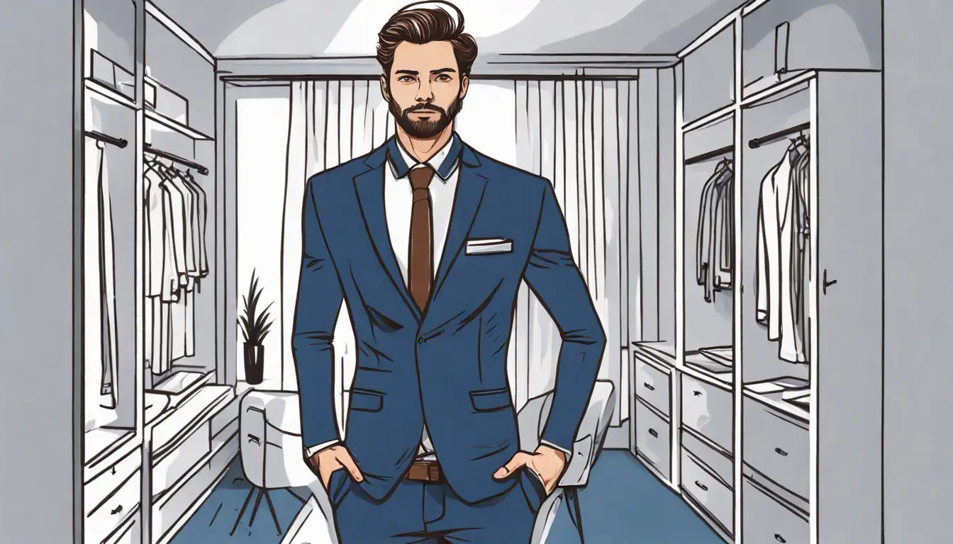 Homem em terno azul-marinho com gravata preta, olhando para um espelho em um quarto minimalista.