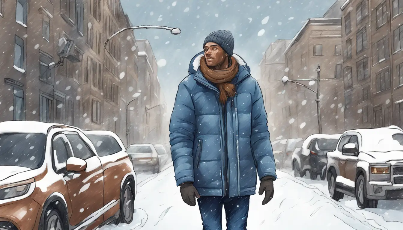 Homem de pé na rua com neve, usando jaqueta puffer azul, cachecol cinza, jeans e botas marrons, com neve caindo.