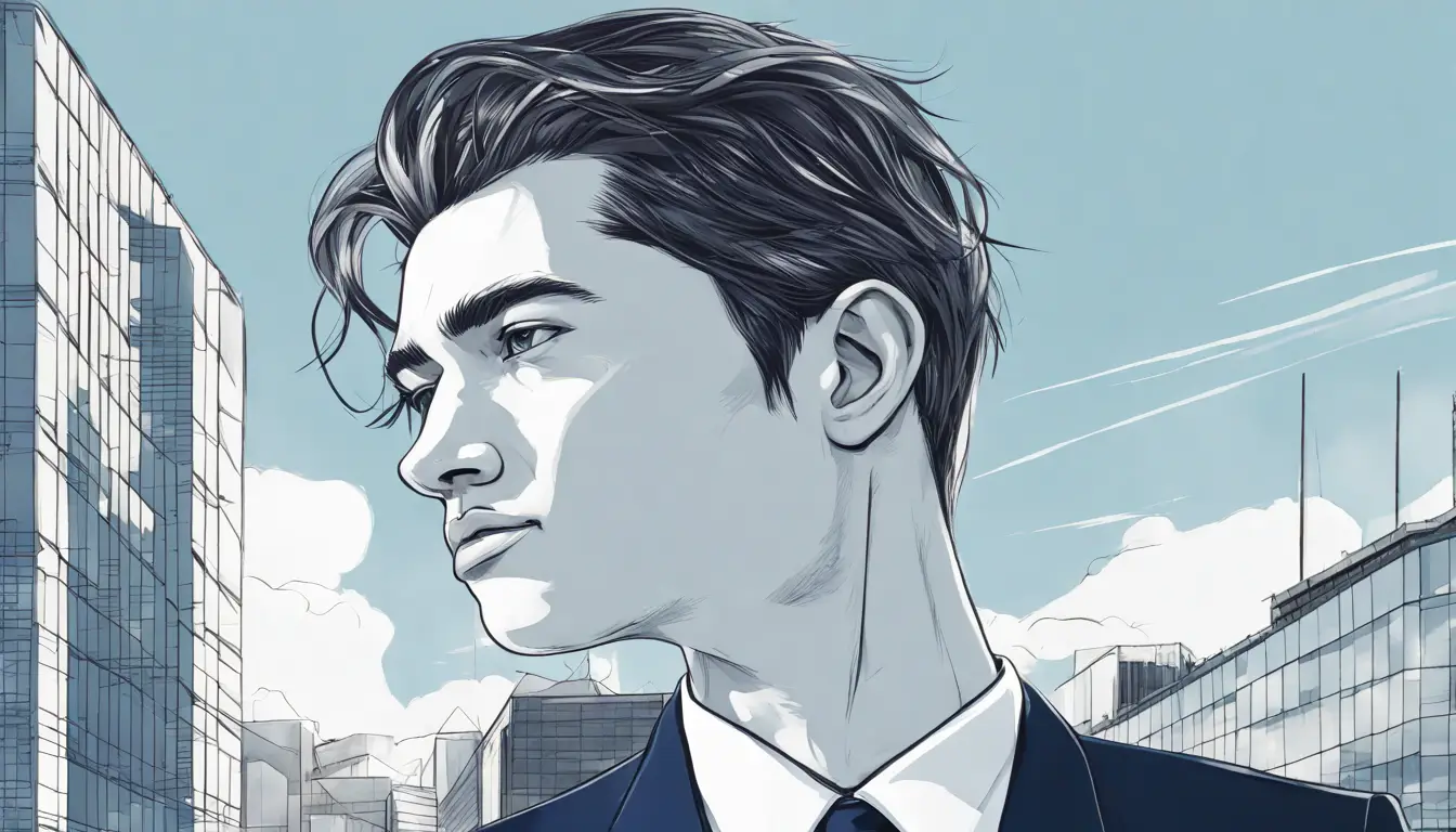 Homem jovem em um terno azul marinho elegante, camisa branca e gravata preta, em frente a um prédio de escritório moderno.