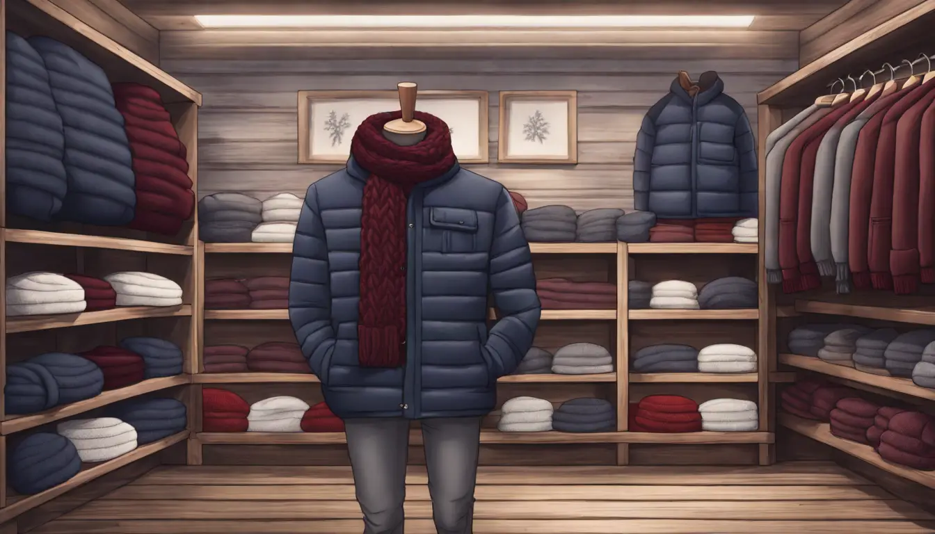 Mannequin com jaqueta puffer azul-marinho cercado por cachecóis e chapéus de lã em loja aconchegante.