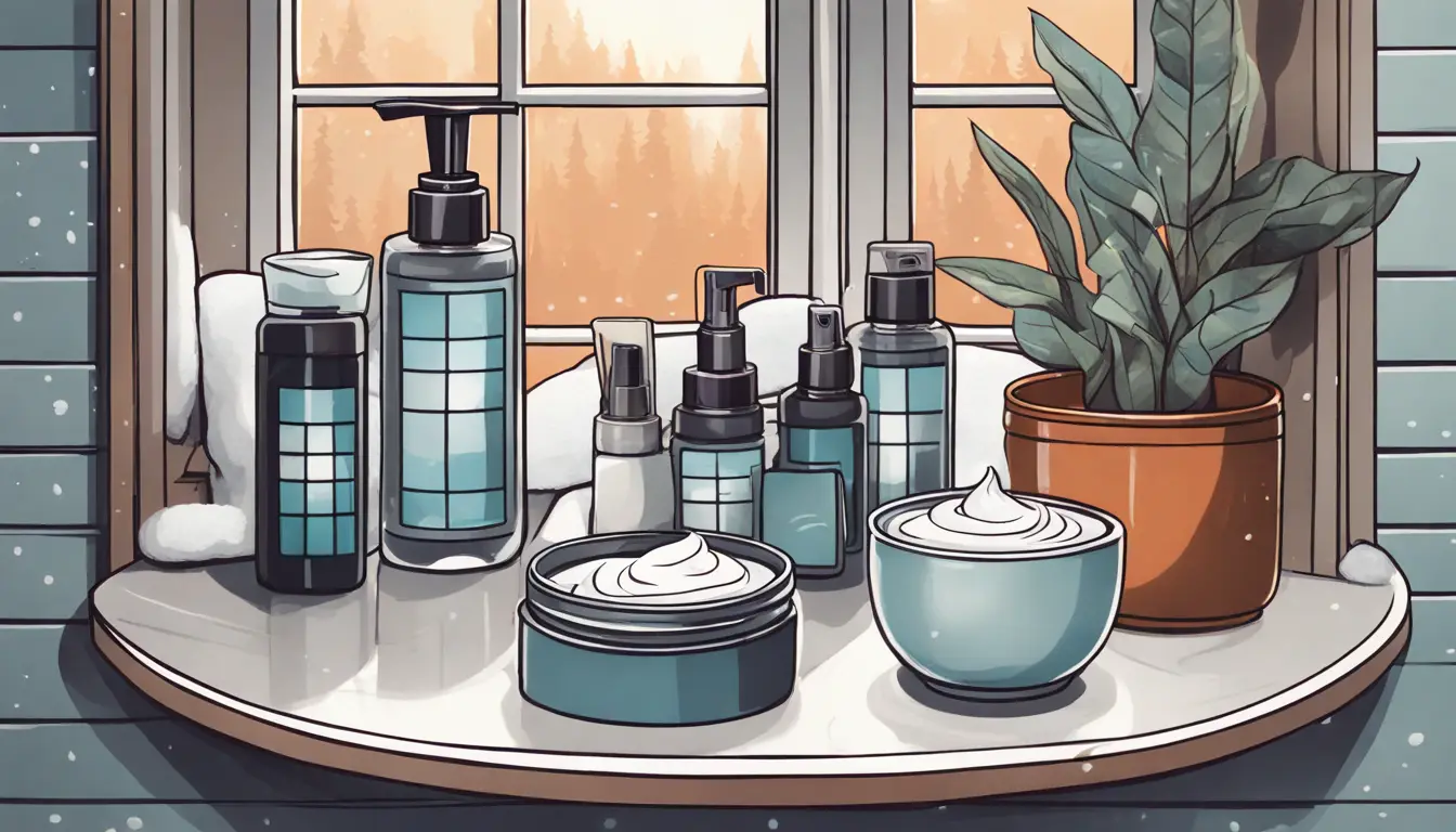 Produtos de grooming masculino em um balcão de banheiro com janela nevada ao fundo.