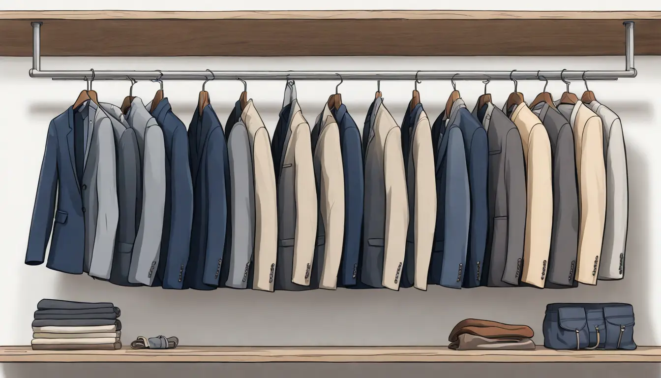 Exposição de cinco blazers em cores diferentes pendurados em cabides de madeira em um fundo branco.