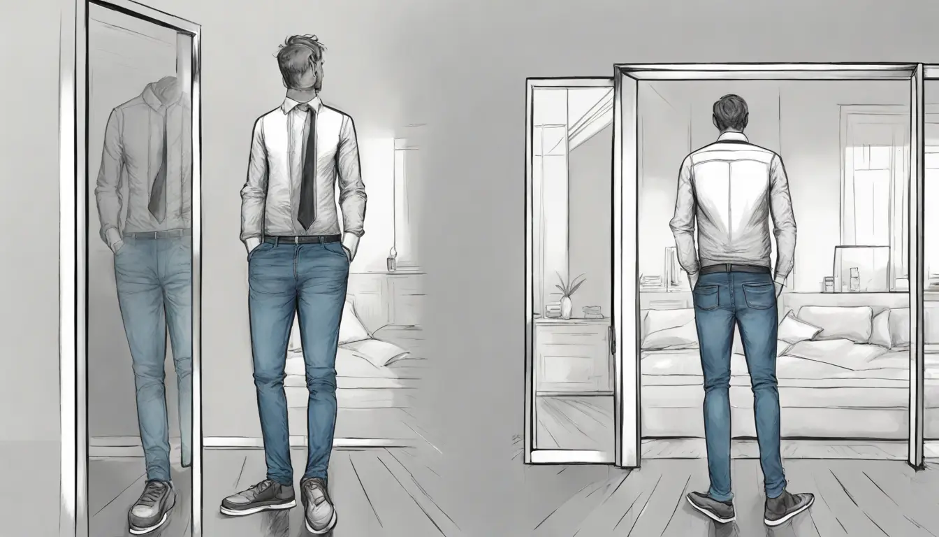 Homem em frente ao espelho vestindo metade terno formal e metade jeans casual com camiseta.