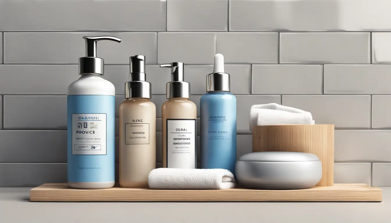 Produtos de cuidados com a pele masculina em uma prateleira de banheiro de madeira com parede de azulejos cinza ao fundo.