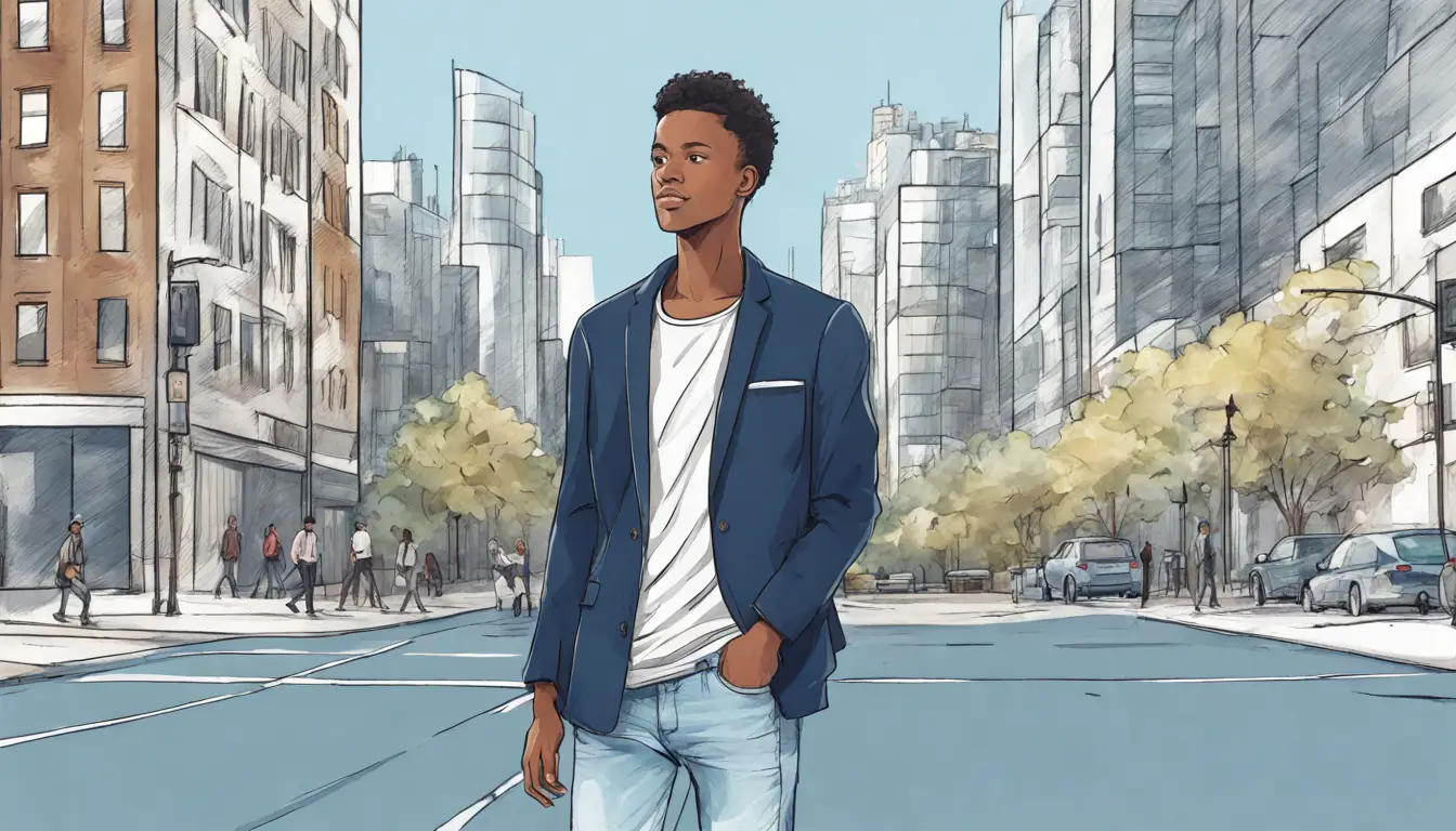 Homem jovem em pé na rua usando blazer azul-marinho com camiseta branca, jeans claros e tênis brancos, cidade ao fundo.