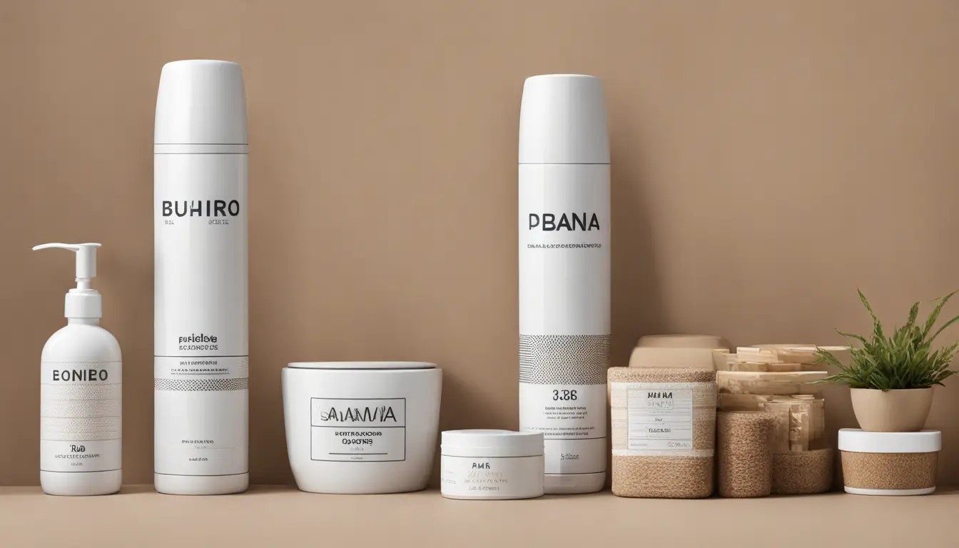 Produtos de cuidados pessoais em uma bancada de banheiro com azulejos brancos ao fundo.