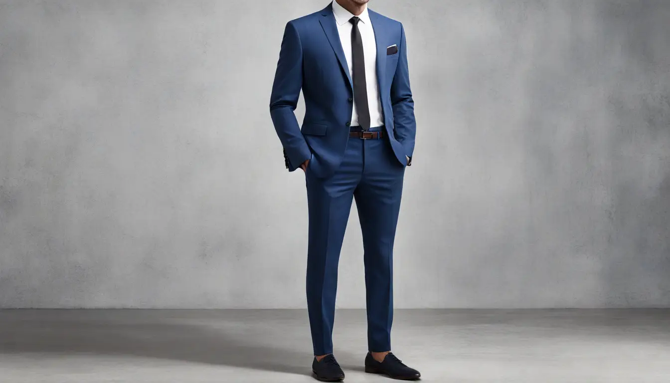 Homem de blazer azul-marinho em ambiente de escritório formal com janela e vista para arranha-céus.