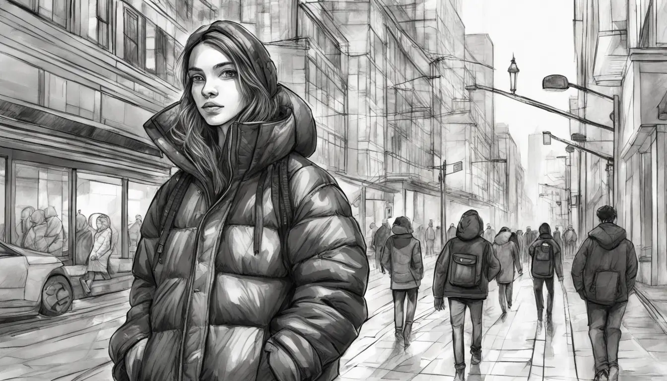 Cena urbana com destaque para uma jaqueta puffer preta brilhante, entre edifícios modernos e pedestres.