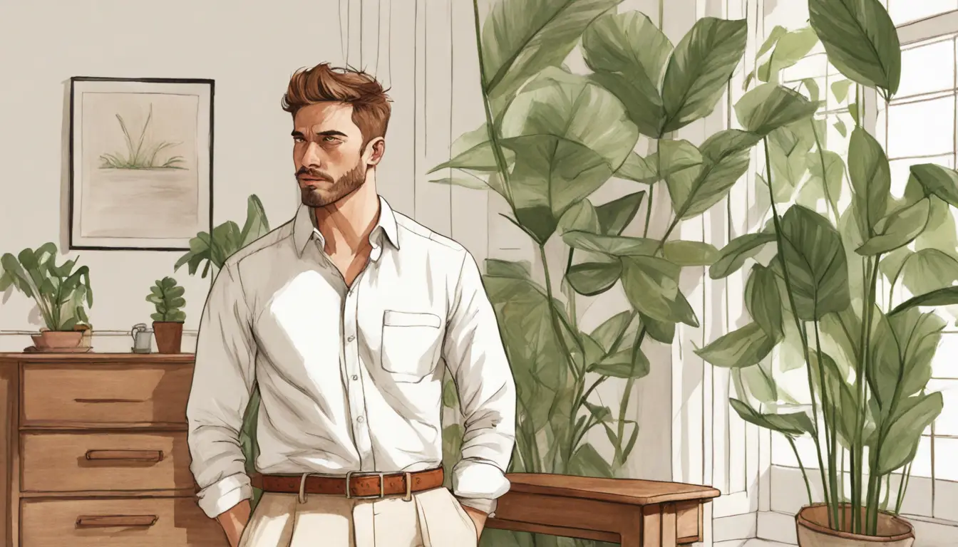 Homem elegante com camisa de linho branca e calças bege, ao lado de cadeira de madeira e plantas verdes.