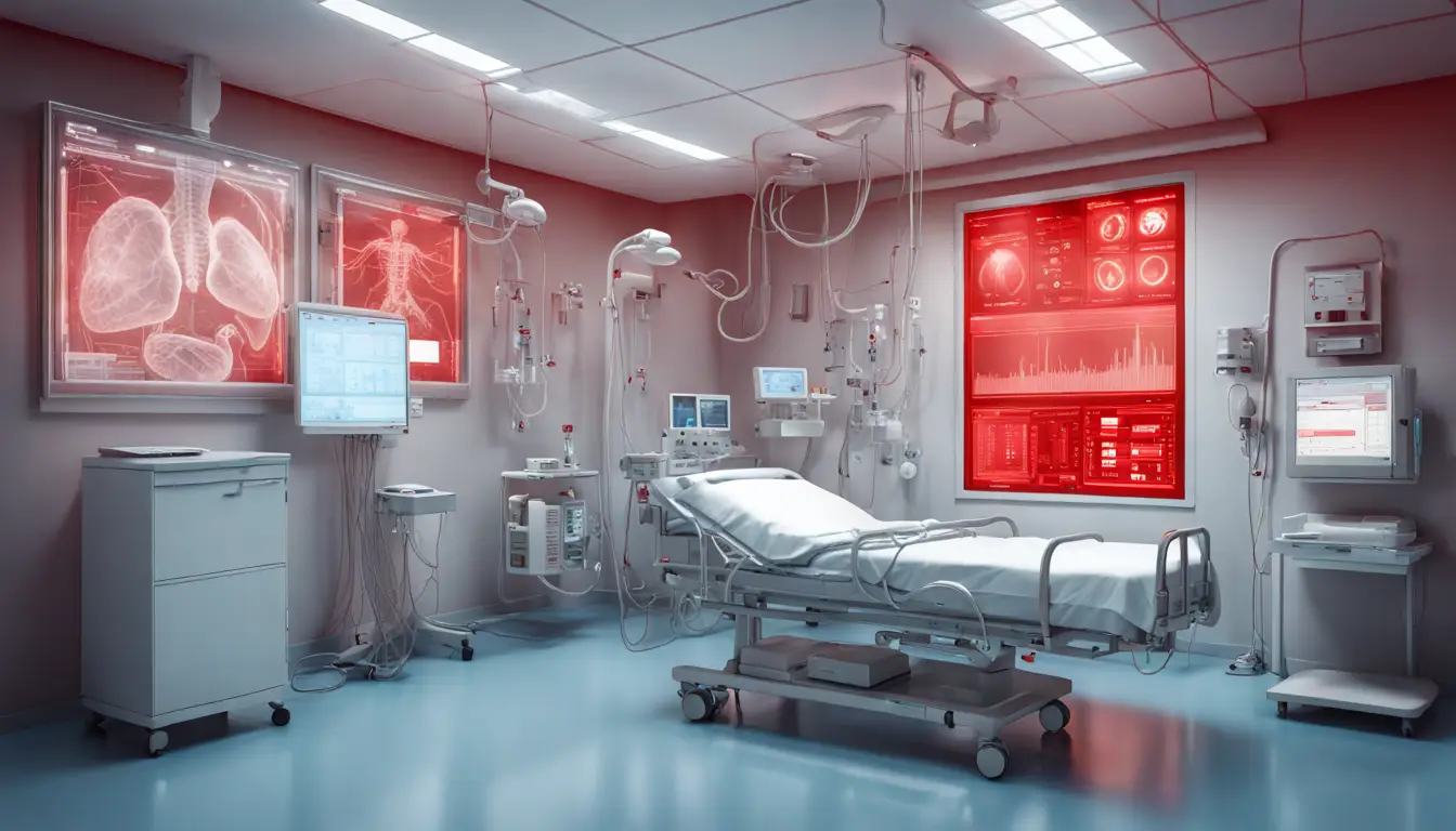 Sala de hospital com tablet transparente mostrando alertas de cibersegurança entre dispositivos médicos conectados.
