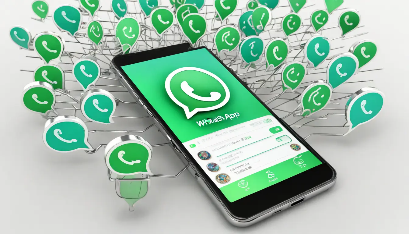 Smartphone com conversa do WhatsApp mostrando mensagens em forma de funil, cercado por ícones de compras e dinheiro.