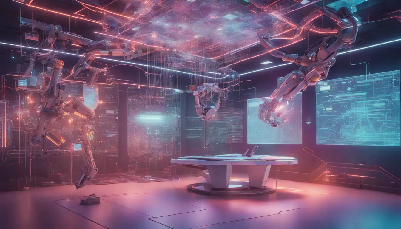 Sala futurista com telas transparentes exibindo diagramas e fluxogramas algorítmicos complexos e árvore de decisão holográfica.