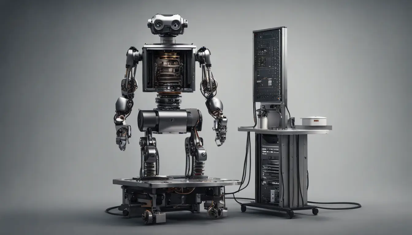 Robô mecânico analisando caixa preta de metal com engrenagens em laboratório tecnológico.