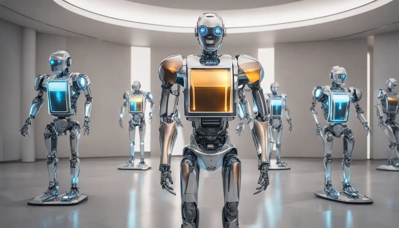 Tribunal futurista com robôs juízes e telas holográficas exibindo dados legais.