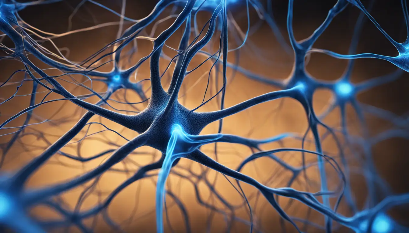 Rede neural complexa com conexões elétricas azuis e linhas de dados brilhantes em fundo escuro.