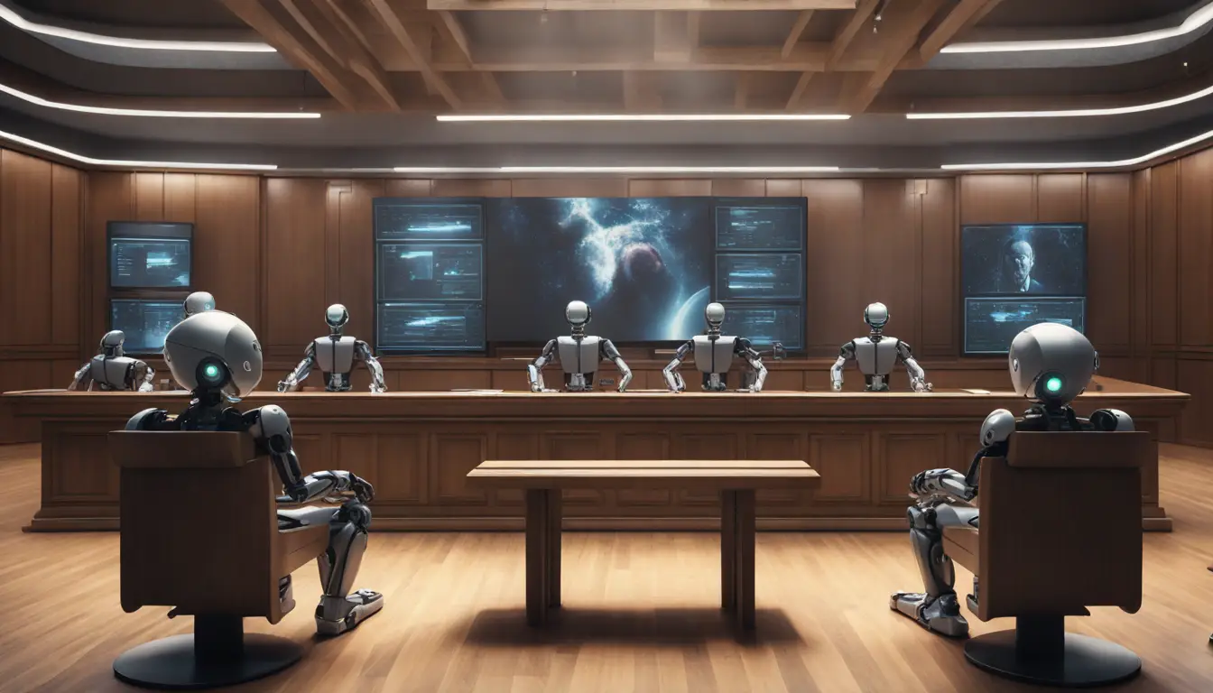 Robôs humanoides em um tribunal moderno com juízes robóticos e telas digitais brilhando.