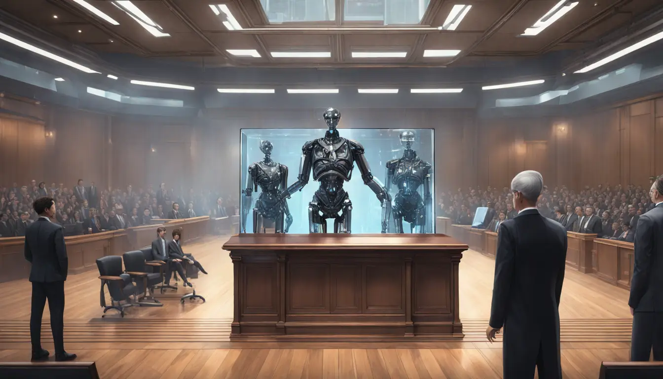 Tribunal com juiz AI metálico, dois advogados AI e um holograma de balança da justiça.