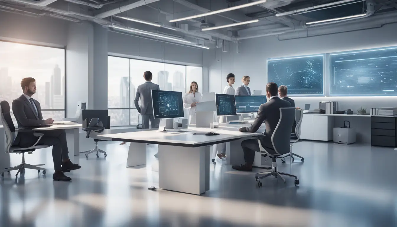 Executivos interagindo com robô humanoide em escritório futurista com tela digital exibindo análises de dados.
