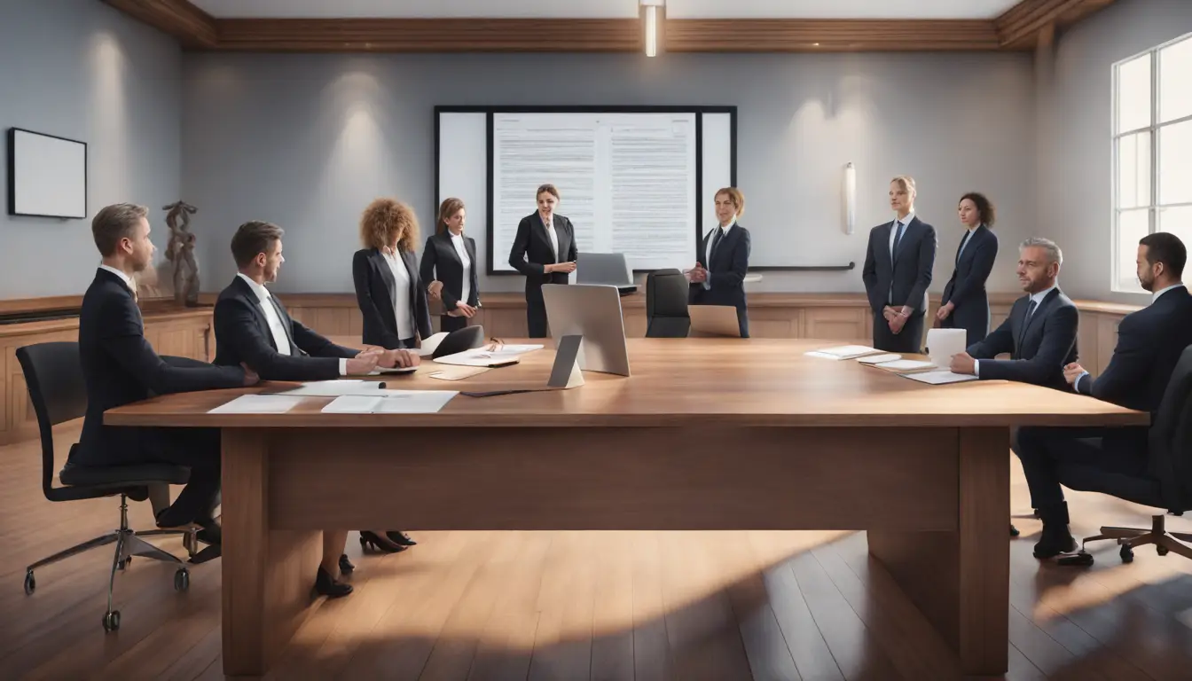 Tecnologia digital e assistente robótico em tribunal moderno com advogados.