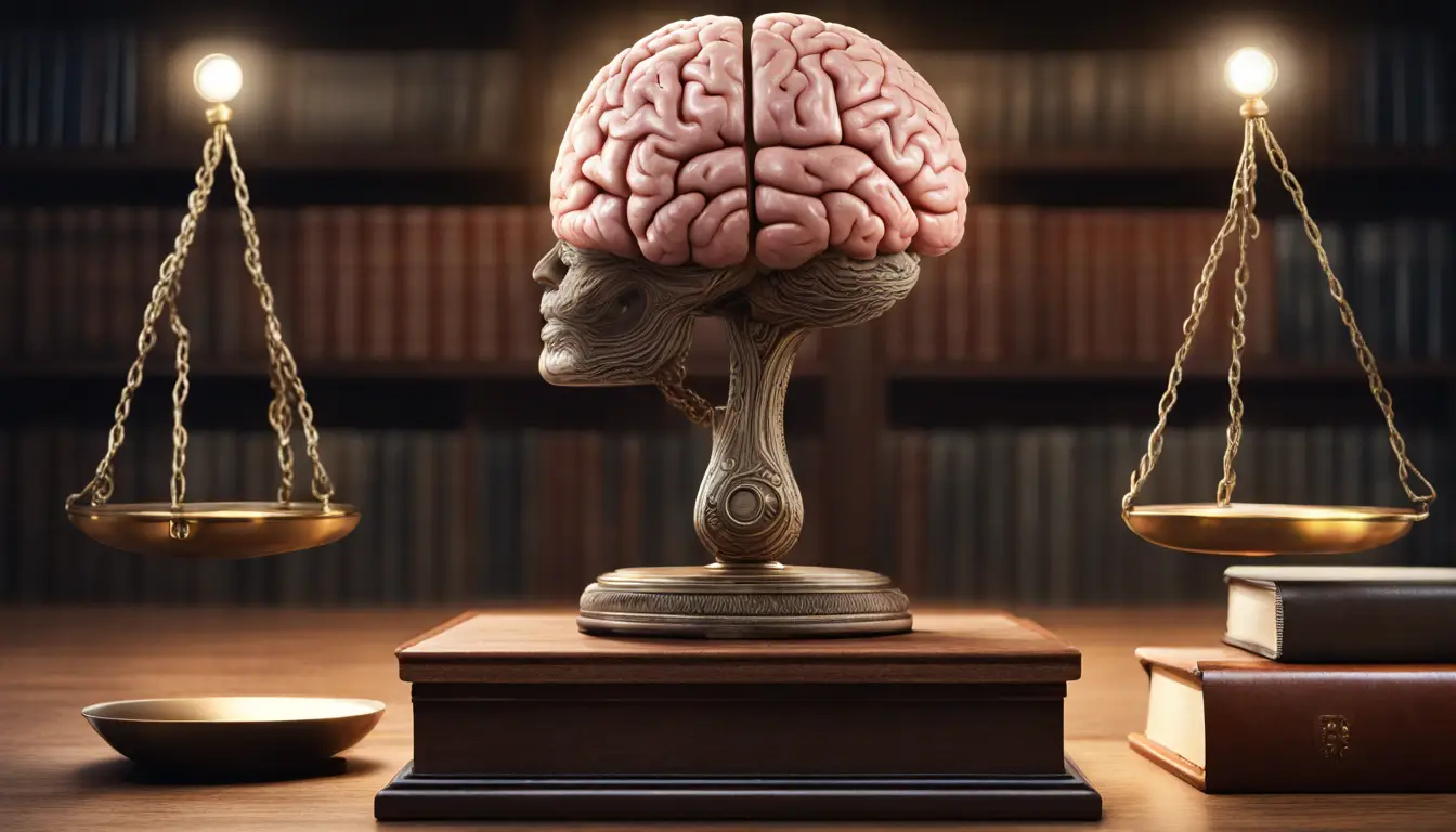 Balança com cérebro de circuitos digitais de um lado e martelo do outro, em mesa de madeira com livros de direito.