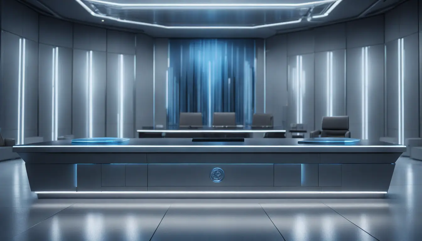 Tribunal futurista com hologramas de IA e advogados robóticos em tons de azul e prata.