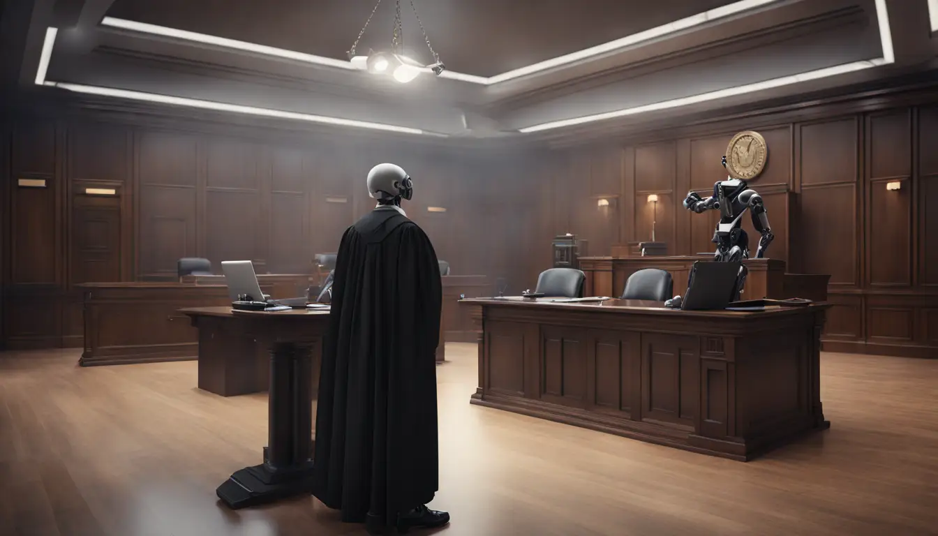 Juiz robótico em tribunal moderno ouvindo advogados humanos com livros e telas de informações legais.