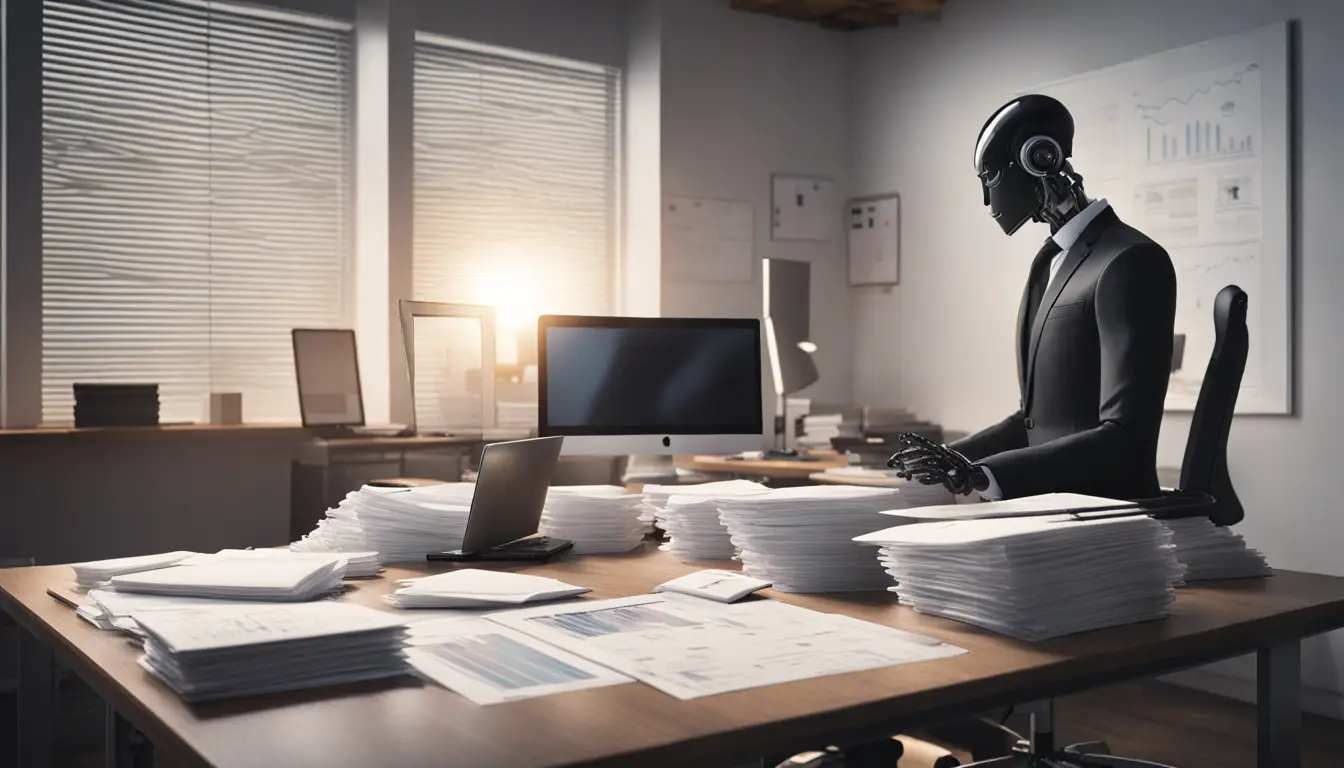 Robô de terno preto em escritório moderno organizando documentos jurídicos em mesa de madeira com computadores exibindo gráficos legais.