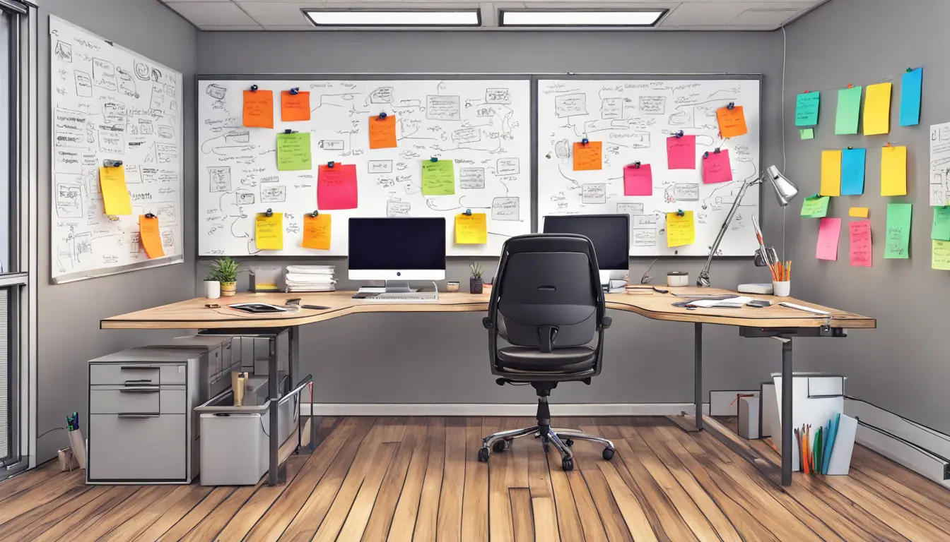 Espaço de escritório moderno com quadro branco e fluxograma de automação de tarefas, suprimentos de escritório e laptop.