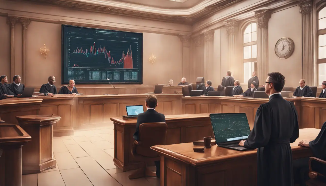 Tela digital em um tribunal moderno exibindo análises de dados complexas, com juiz e advogados observando.