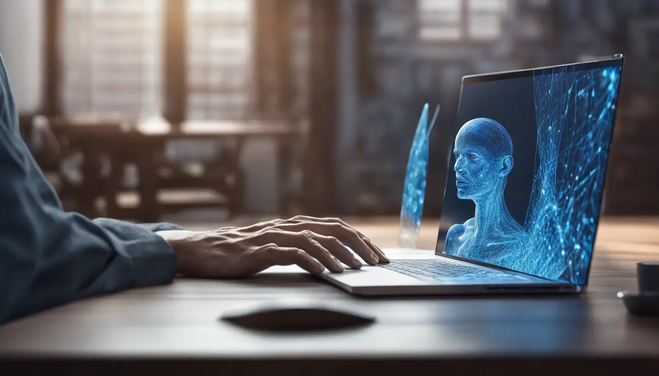 Pessoa examinando gráficos em tela holográfica azul em um escritório moderno com mesa de vidro e laptop.