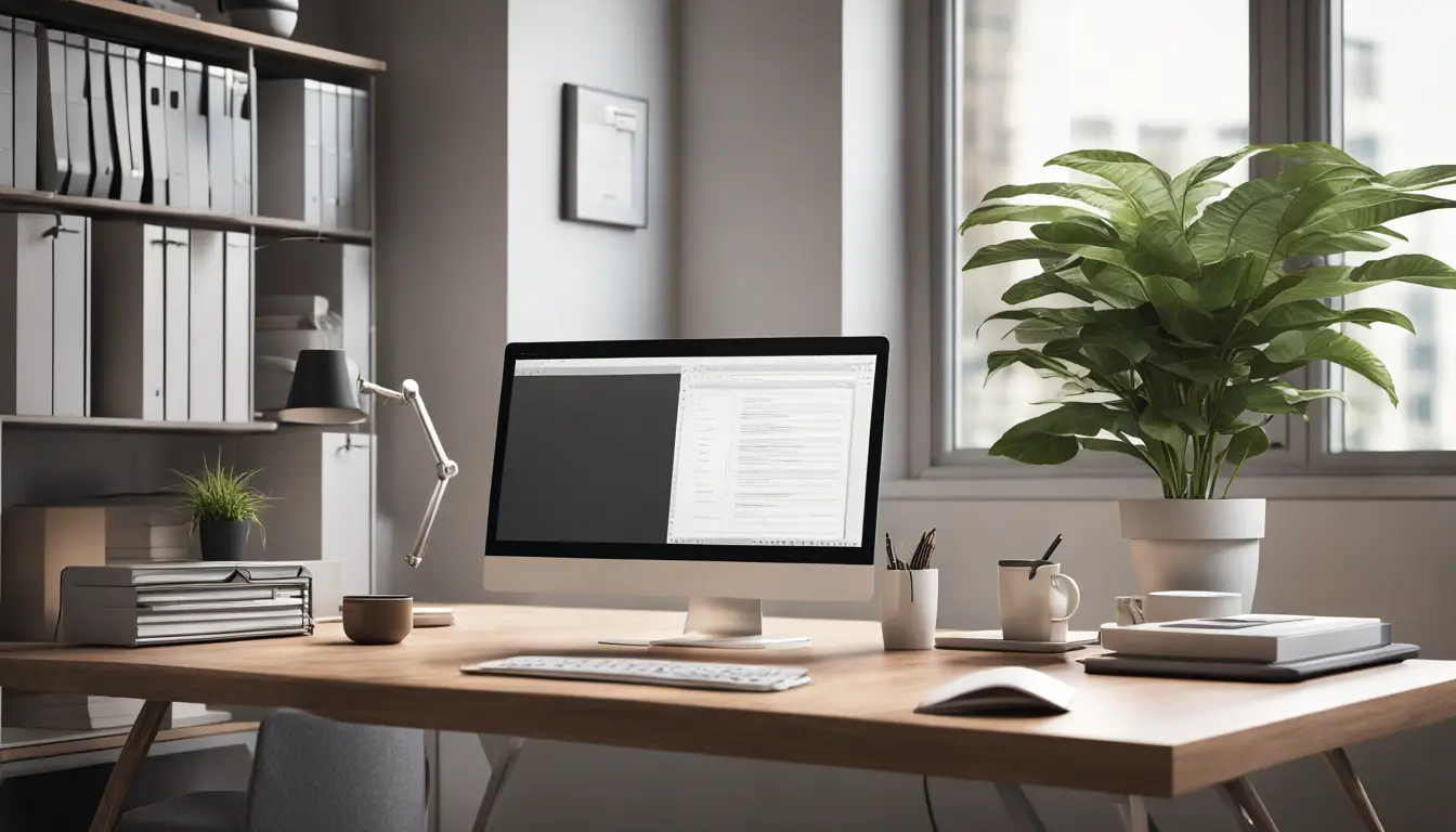 Mesa de escritório com computador mostrando software de automação, arquivos organizados, planta pequena e xícara de café.