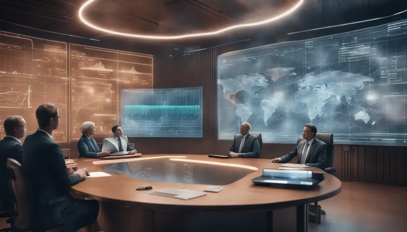 Tribunal com interface digital futurista, juízes e advogados analisando dados em telas holográficas.