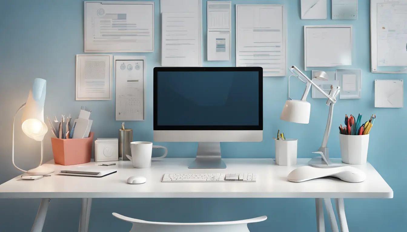 Computador em uma mesa moderna mostrando ícones coloridos e intuitivos com decoração minimalista em azul e branco.