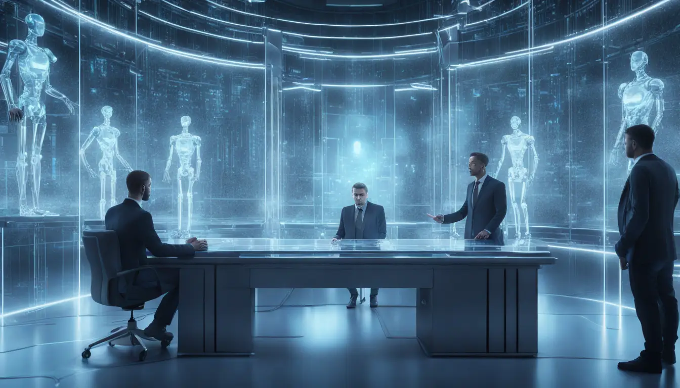 Sala de tribunal futurista com telas transparentes exibindo dados jurídicos criptografados e advogados robóticos.