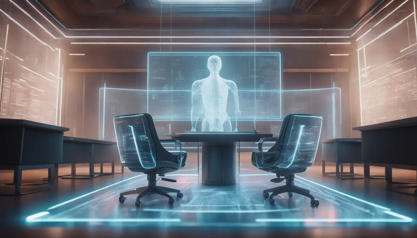 Sala de tribunal futurista com interface holográfica e juiz de IA em cadeira moderna transparente presidindo.