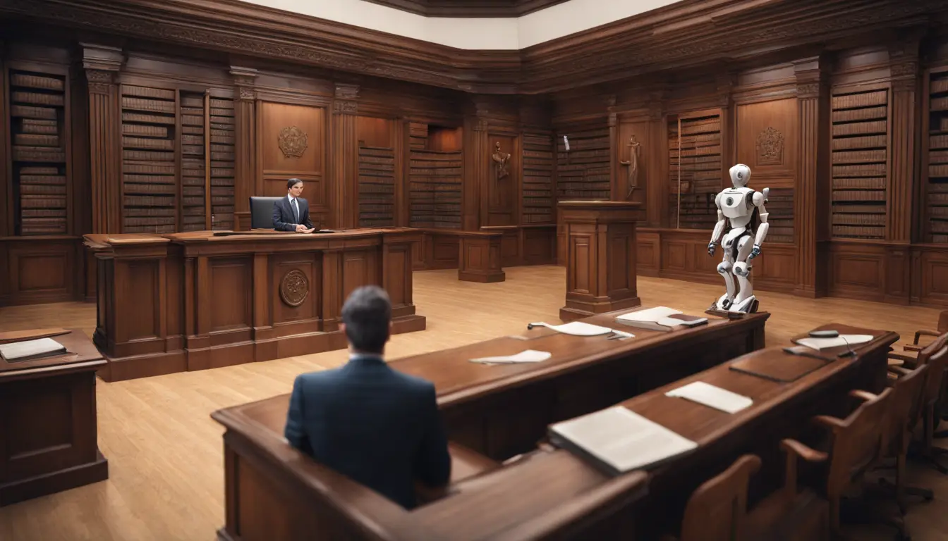 Robô advogado e advogado humano em tribunal moderno com telas digitais e livros jurídicos grandes.