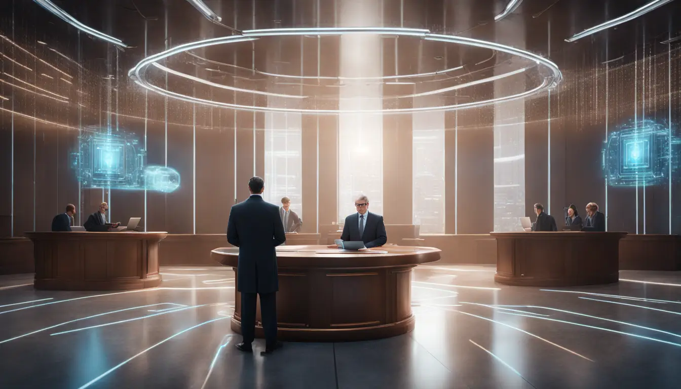 Tribunal futurista com holograma de juiz AI, advogados usando tablets digitais e tela exibindo códigos legais.